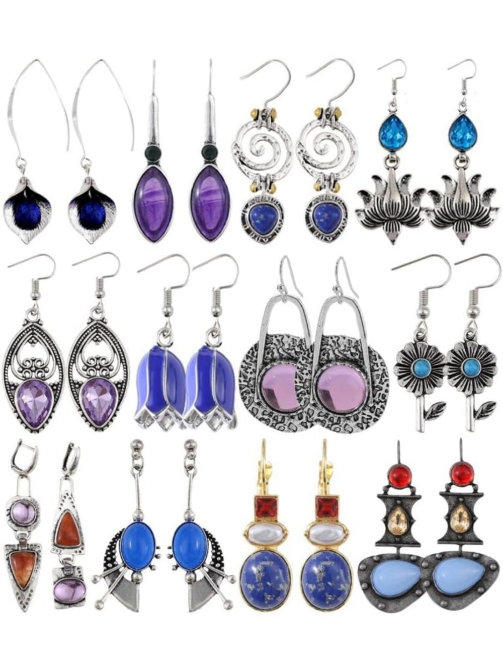 12 Pairs Vintage Boho Turquoise Dangle Earrings Set | Western Cowgirl Jewelry